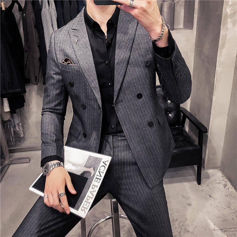 20秋冬款韩版修身双排扣条纹男士西服套装LJT903A双排扣-P205,男装西服套装,电商C308