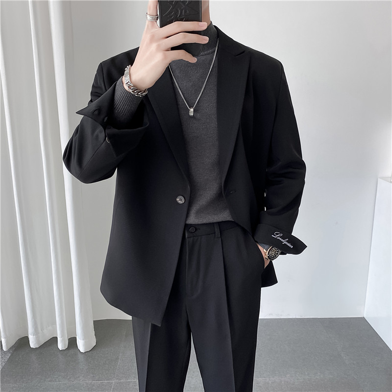 ins轻熟风英伦纯色西服套装阔版宽松休闲小西装TZ27刺绣-P225，男装西服套装，电商C308