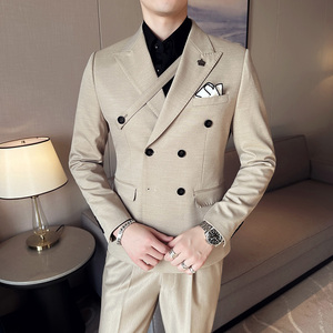 春季新款英伦韩版修身纯色休闲双排扣男士西服套装LJT891-P230图片