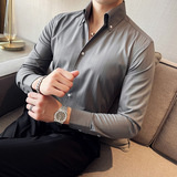 网红V领条纹衬衫男长袖薄款潮流帅气修身休闲立领痞帅衬衣C12-P68，男装衬衫，电商C308