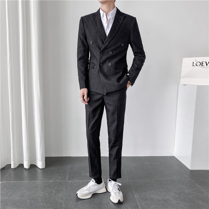 轻熟风ins韩版修身双排扣条纹男士西服套装LJT903A-P205,男装西服套装,电商C308
