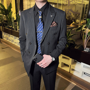 韩版修身男士双排扣条纹西服二件套新郎伴郎套装黑色LJT29-P220图片