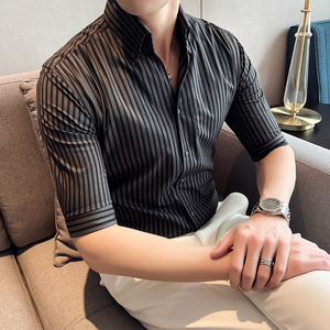 雅痞青年网红个性V领衬衫男中袖帅气修身休闲立领痞帅衬衣C09-P68图片