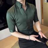 痞帅青年个性网红V领衬衫中袖帅气修身休闲立领痞雅衬衣男C02-P60，男装衬衫，电商C308