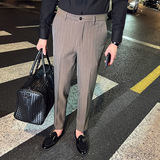 时尚免烫条纹西裤男士韩版修身小脚裤商务休闲长裤咖啡色K29-P70，男装西裤，电商C308