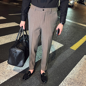 时尚免烫条纹西裤男士韩版修身小脚裤商务休闲长裤咖啡色K29-P70，男装西裤，电商C308