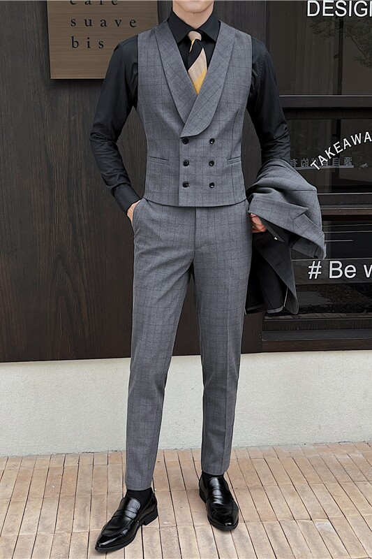 新郎婚礼伴郎服礼服马甲男士高级感双排扣格子马甲MJ919-P70,男装背心/马甲,电商C308