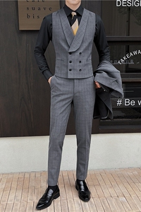 新郎婚礼伴郎服礼服马甲男士高级感双排扣格子马甲MJ919-P70图片
