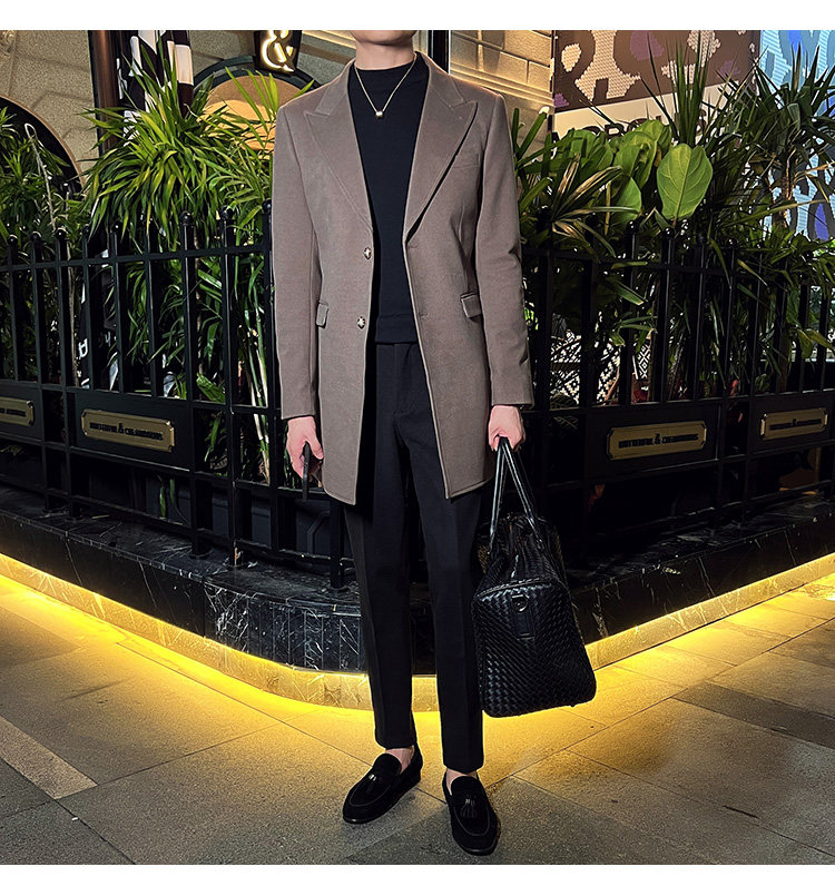 秋冬英伦韩版修身男士商务休闲中长款西服呢料外套咖啡色X35-P170，男装西服，电商C308