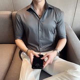 青年雅痞个性一字V领衬衫男中袖帅气修身休闲立领痞帅衬衣C01-P60，男装衬衫，电商C308
