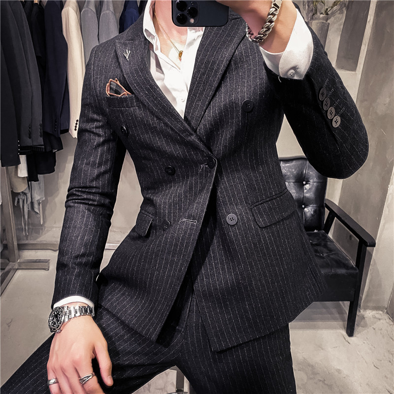 20秋冬款英伦韩版修身条纹双排扣男士西服外套X903A双排扣-P135，男装西服，电商C308