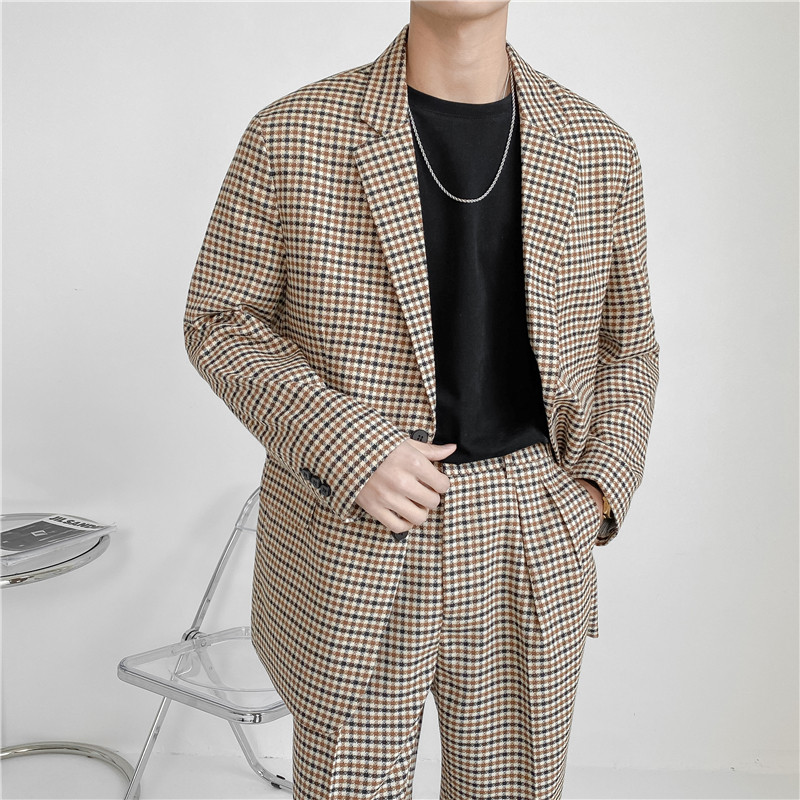 21春夏款轻熟风英伦小细格长袖西服+阔版九分裤套装TZ18-P215，男装西服，电商C308