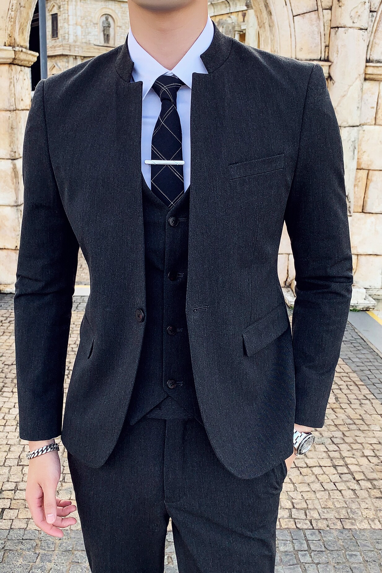 秋冬新款英伦韩版修身男士单件商务立领西服X144-P155,男装西服,电商C308