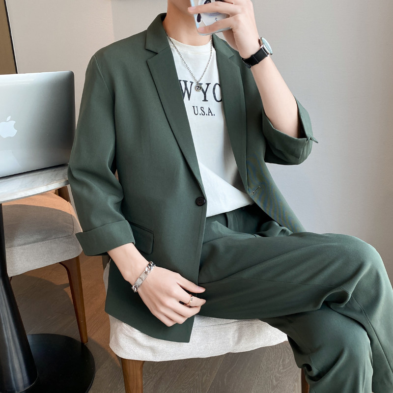 春夏轻熟风英伦纯色阔版中袖西服九分西裤套装TZ15-P195,男装西服,电商C308