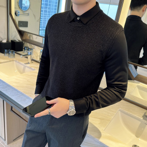 秋冬毛衣假两件衬衫领针织背心套头毛衣男潮黑色 MY8239-P95图片