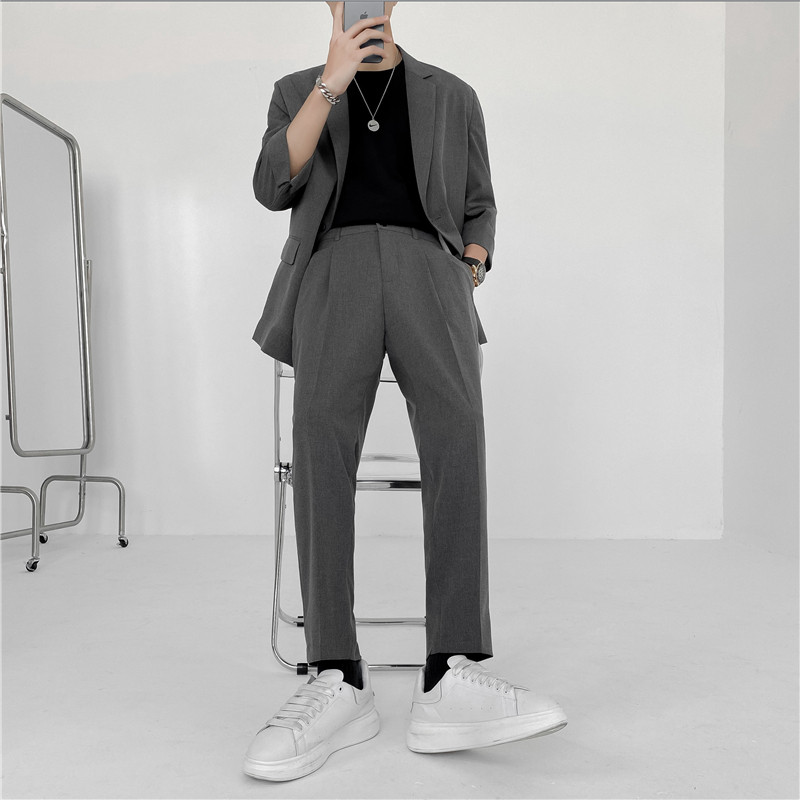 夏款轻熟风英伦纯色宽松中袖西服+阔版九分裤套装TZ15-P195，男装西服，电商C308