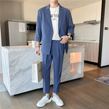 春夏款轻熟风英伦纯色阔版中袖西服九分裤套装灰色TZ15-P195，男装西服，电商C308