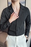 秋冬款英伦经典条纹单排扣男士古巴领长袖衬衫C13-P65，男装衬衫，电商C308