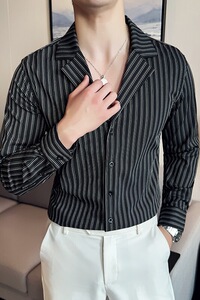 秋冬款英伦经典条纹单排扣男士古巴领长袖衬衫C13-P65图片