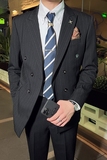 英伦韩版修身男士商务休闲条纹双排扣西服外套咖啡色X29-P150，男装西服，电商C308