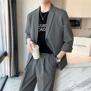 轻熟风微宽英伦条纹中袖西服  九分裤套装 深灰色TZ13-P195图片