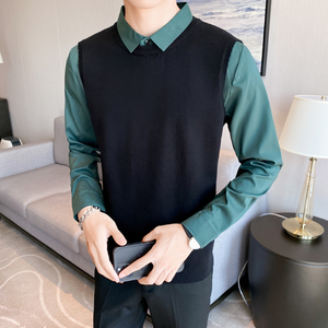 秋冬毛衣假两件衬衫领针织背心套头毛衣男潮墨绿色 MY4-P75，男装背心/马甲，电商C308