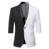 轻熟风潮男修身拼色条纹男士中袖西服+九分裤套装TZ121-P195，男装西服，电商C308