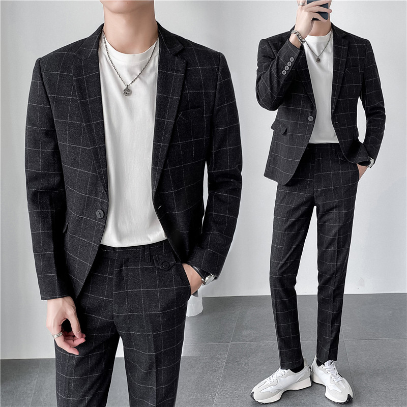 轻熟风ins韩版修身男士休闲格子一粒扣西服套装LJT905-P220，男装西服套装，电商C308
