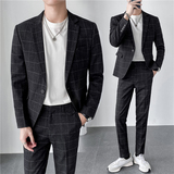 轻熟风ins韩版修身男士休闲一粒扣格子西服套装LJT905-P220，男装西服套装，电商C308
