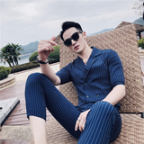 春夏英伦条纹中袖双排扣衬衫+九分裤套装LJT238-P135，男装衬衫，电商C308