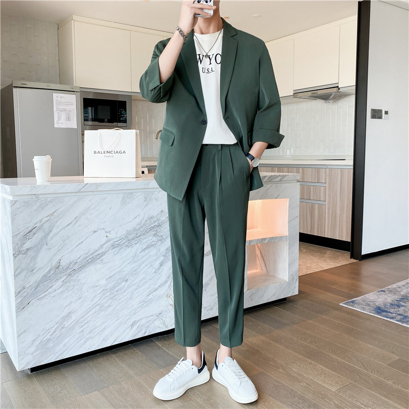 春夏款轻熟风英伦纯色阔版中袖西服九分裤套装绿色TZ15-P195，男装西服，电商C308