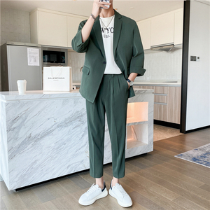 春夏款 轻熟风英伦纯色阔版中袖西服九分裤套装 绿色TZ15-P195，男装西服，电商C308