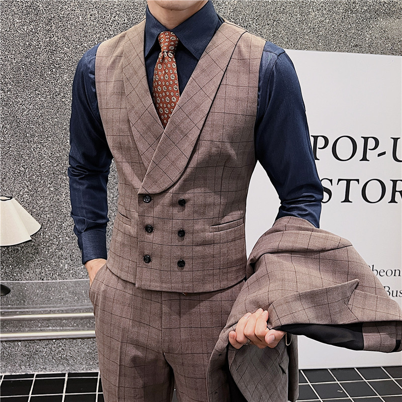 新郎婚礼伴郎服礼服马甲男士高级感双排扣格子马甲MJ919-P70,男装背心/马甲,电商C308