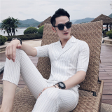 23春夏款英伦条纹中袖双排扣衬衫+九分裤套装LJT238-P135，男装衬衫，电商C308