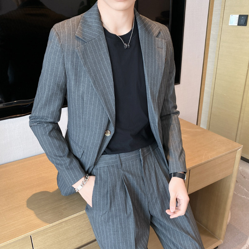 痞雅高级感休闲条纹小西服外套春夏韩版修身英伦单西装男X07-P155，男装西服套装，电商C308