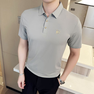 夏季 冰丝高弹刺绣翻领无痕T恤男士光滑短袖POLO衫灰绿色PL1-P58图片