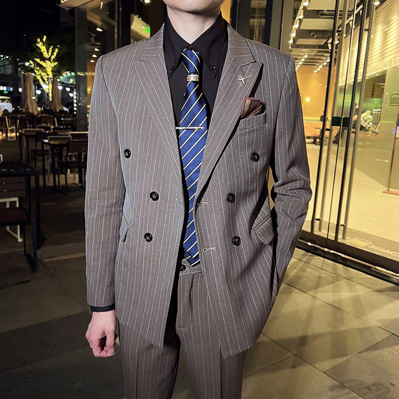 英伦韩版修身男士商务休闲条纹双排扣西服外套咖啡色X29-P150，男装西服，电商C308