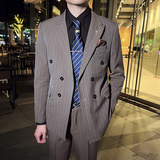 英伦韩版修身男士商务休闲条纹双排扣西服外套咖啡色X29-P150，男装西服，电商C308