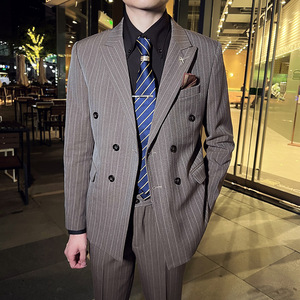 英伦韩版修身男士商务休闲条纹双排扣西服外套咖啡色X29-P150，男装西服，电商C308