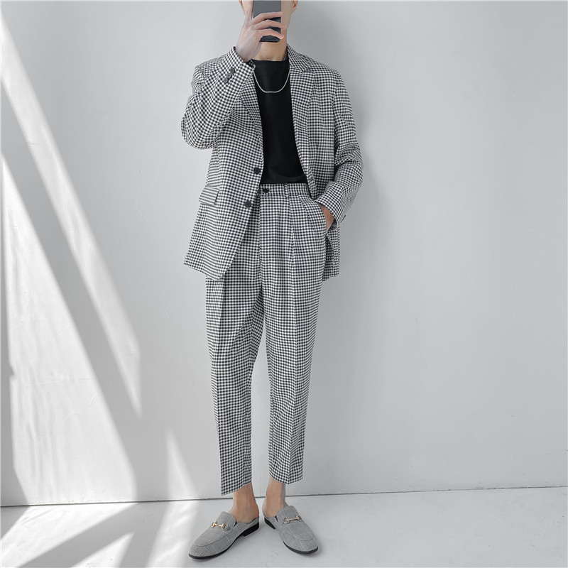轻熟风英伦小细格长袖西服+阔版九分裤套装TZ18-P215,男装西服,电商C308