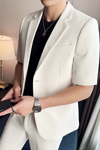 春夏款 纯色休闲男士时尚华夫格中袖西服九分西裤套装LJT931-P195图片