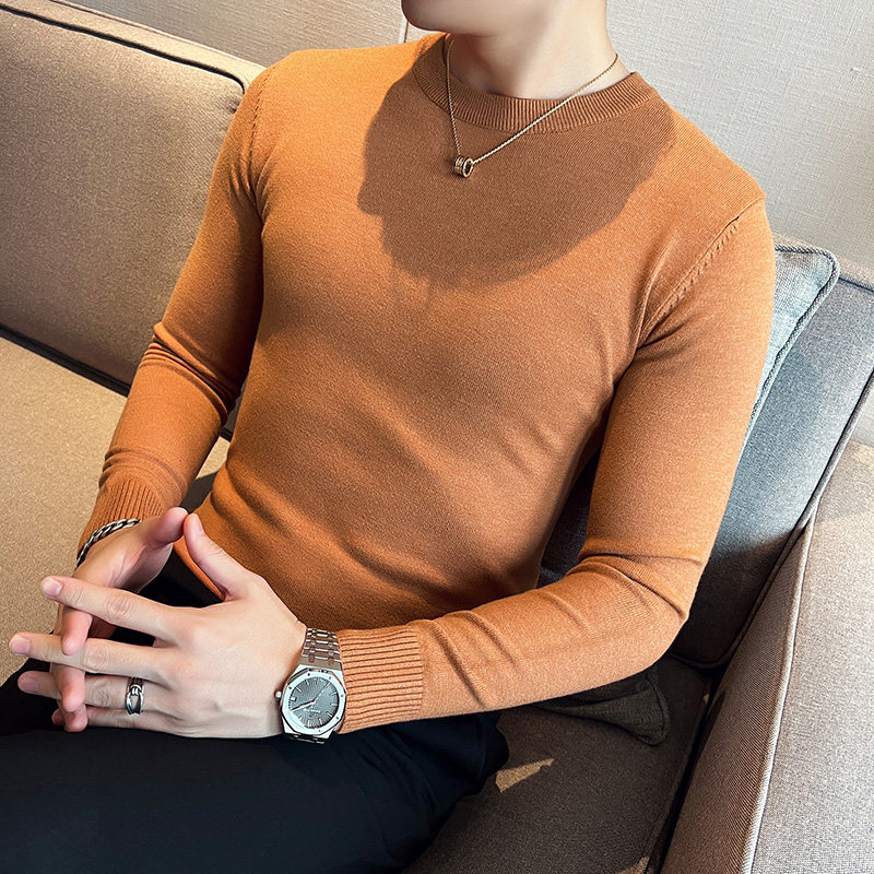 秋冬韩版圆领修身打底衫套头纯色针织衫精致毛衣花焦糖B5551-P45，男装T恤，电商C308