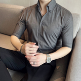 雅痞青年个性V领衬衫中袖帅气修身虚线休闲立领痞帅衬衣男C05-P68，男装衬衫，电商C308