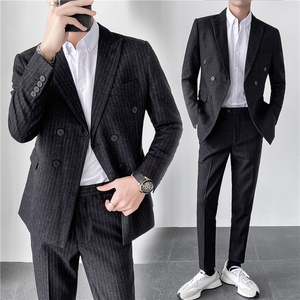 轻熟风ins韩版修身双排扣条纹男士西服套装 LJT903A-P205图片