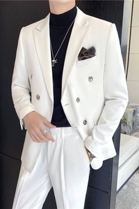 秋冬韩版修身纯色双排扣男士休闲西服外套中灰色X830A双排扣-P150图片