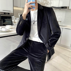 ins轻熟风英伦纯色长袖西服阔版宽松休闲丝绒小西装外套X22-P150图片