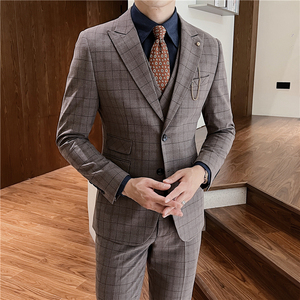 英伦修身男士二粒扣格子西服三件套新郎伴郎礼服套装SJT919-P300图片