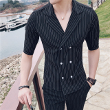 23春夏英伦条纹中袖双排扣衬衫+九分裤套装LJT238-P135，男装衬衫，电商C308