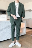 春夏款轻熟风英伦纯色阔版中袖西服九分裤套装绿色TZ15-P195，男装西服，电商C308