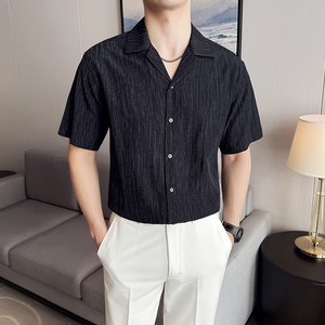 春夏古巴领衬衫男中袖薄款潮流帅气休闲翻领男士衬衣C3305-P68